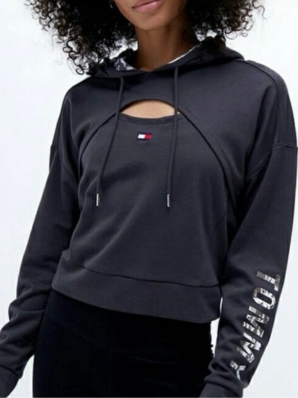 Tommy Hilfiger Gray Black Cutout Cropped Hoodie Sleeve Logo Y2K Gym to Street